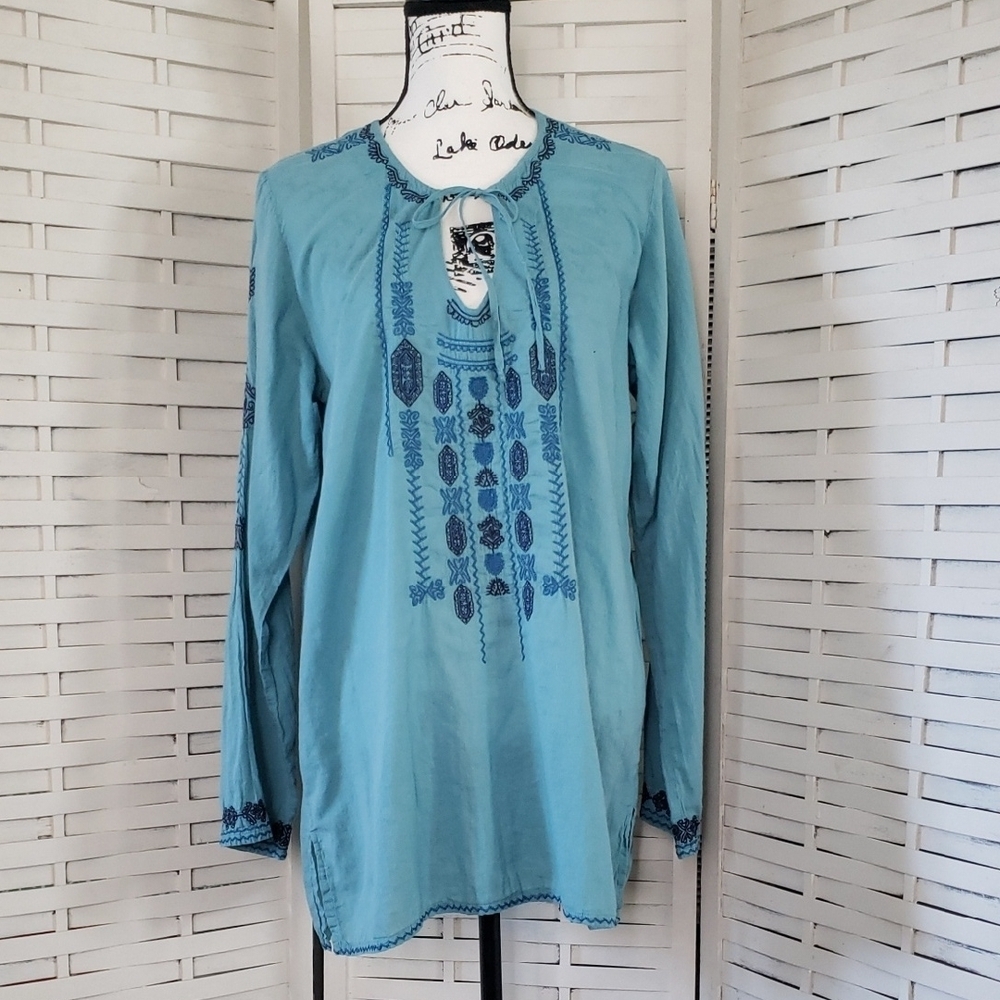 Biya By Johnny Was Embroidered Blue/Green Women's Top Size L